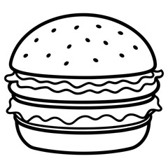 Vector art of black and white outline of a double cheeseburger isolated on white background
