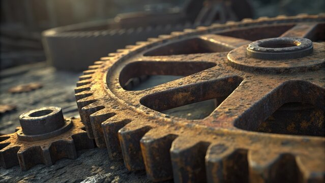 Close up on detailed rusty gears on distressed wood showing age and industrial theme with warm lighting and textures