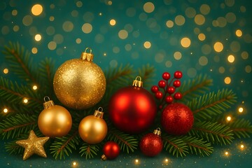 Naklejka premium Christmas Ornaments with Pine Branches and Sparkling Lights on Teal Background