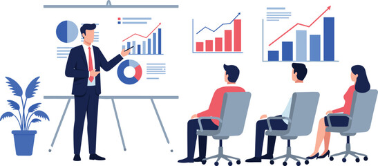 Businessman presenting growth charts to office team, meeting room illustration, data analysis presentation, marketing report, corporate training, teamwork concept, cad drawing flat vector illustration
