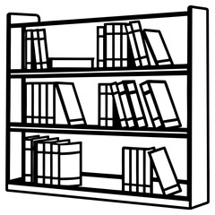Vector art of outline illustration of a wooden bookshelf with many books, isolated on white background