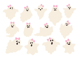 Set of cute cartoon ghosts with pink bows showing different facial expressions. Perfect for Halloween decorations, party invitation and kids designs. Fun and spooky autumn clipart