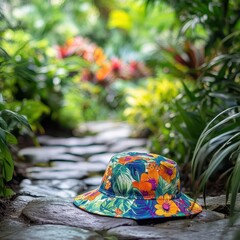 Gardening hat with colorful floral design resting on stone path in lush garden, vibrant and charming scene with blurred background of plants and flowers with copy space