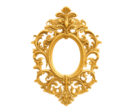 Wood carving golden Baroque frame isolated on a transparent background
