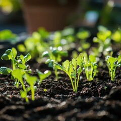 Group of emerging sprouts including lettuce and herbs breaking through soil surface in garden bed, with soft natural light and morning dew, fresh and organic growth with copy space