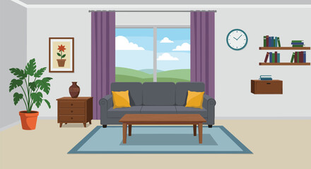 Modern cozy living room interior with sofa, coffee table, bookshelves, and indoor plant — bright window view and wall decor © Masum Creatives