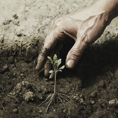 Hand carefully planting sprout in garden bed with visible delicate roots and weathered hands, detailed and natural scene of growth and care with copy space