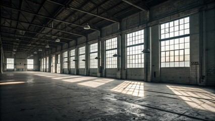 Spacious empty warehouse interior with sunlight streaming through large windows creating geometric patterns on dusty concrete floor