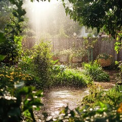 Lush backyard garden with automatic sprinkler, water droplets catching sunlight, vibrant thriving plants, with copy space