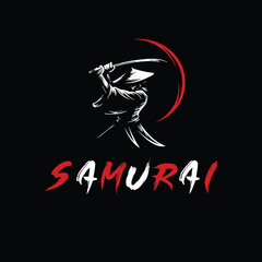 Samurai logo with sweeping katana stroke and red crescent on black background