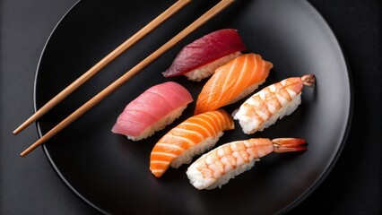 Assorted nigiri sushi selection on a black plate with chopsticks featuring tuna salmon and shrimp