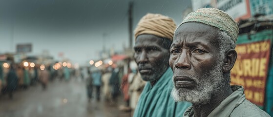A somber scene in Khartoum, capturing two men with weathered faces, reflecting resilience amidst rain. The atmosphere is heavy, evoking themes of survival and community.