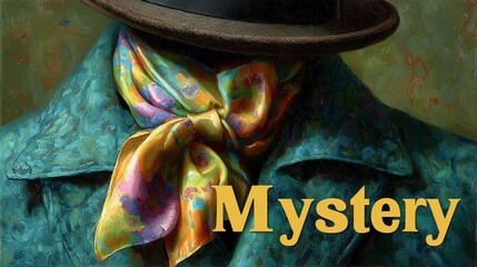 A mysterious figure cloaked in a vibrant scarf and hat, exuding intrigue and elegance. The abstract art backdrop enhances the enigmatic atmosphere, inviting curiosity and exploration.