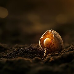 Macro shot of seed cracking open on moist soil, tiny root emerging, soft light highlighting seed shell texture and earth with copy space