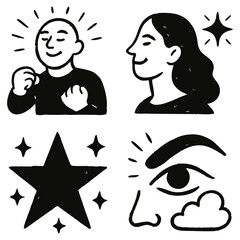 Hand drawn emotional abstract vector illustrations set – expressive black and white psychological art of human feelings: joy, sorrow, trust – retro ink texture design for posters, editorials, covers.