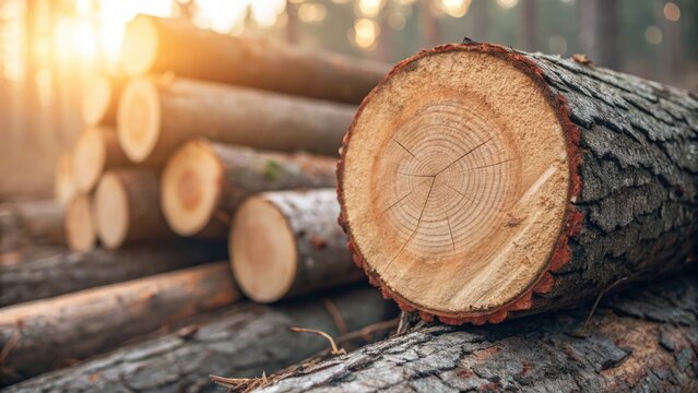 Freshly cut timber logs stacked in forest with visible growth rings and soft sunlight creating a warm forestry scene