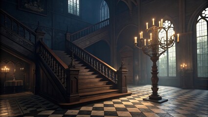 Grand gothic staircase with candelabra in dark elegant hallway with checkerboard floor and large windows © Glory