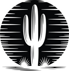 Monochrome Desert Sunset with Cactus Silhouette Vector Illustration Arid Environment