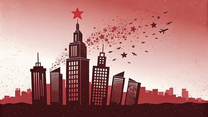 Fototapeta premium Cityscape silhouette with star topped building,flying airplanes and scattered stars on a reddish sky background