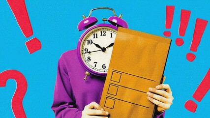 Person holding checklist and clock instead of head on blue background with question and exclamation marks - Powered by Adobe