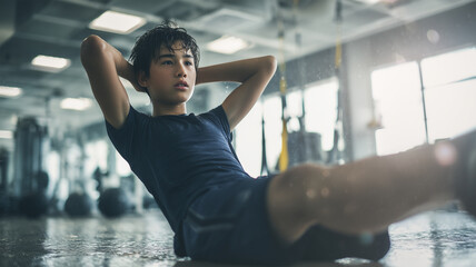 少年がジムで汗を流し腹筋運動に励む姿