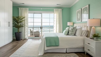 Experience coastal tranquility in this inviting bedroom with ocean views and serene decor for a relaxing getaway or vacation rental