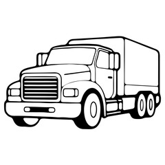 Vector art of line art drawing of a semitruck with a trailer, isolated on white background