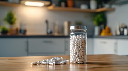 Close-up of vitamin bottle with capsules spilling on wooden surface, clean and natural setting with blurred kitchen background and copy space