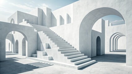 Architectural abstraction with white arches and staircase leading to sky minimalist design and geometric shadows