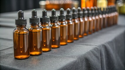 Row of amber glass bottles with droppers on black cloth displaying essential oils or chemical compounds