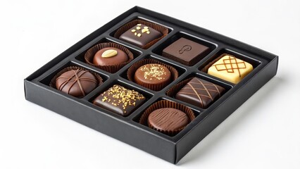 Exquisite assortment of gourmet chocolates presented in a stylish black gift box against white background