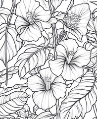 Coloring page of exotic jungle-inspired botanical illustration with tropical flowers, detailed leaves and vines, highly decorative, intricate nature line art with copy space