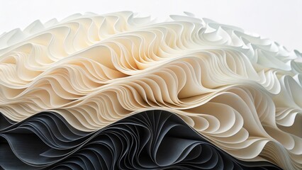 Abstract paper art forms with curving layers in shades of white and gray representing flow and depth
