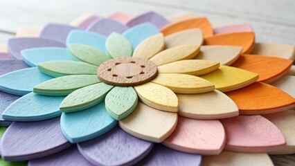 Pastel colored wooden flower decoration with detailed petals,soft hues,and textured surface design element featuring a rustic button center