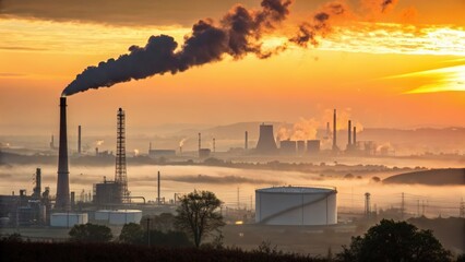 Industrial landscape at sunrise featuring factories,power plants,and smoke emissions contributing to air pollution