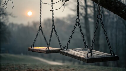 Two empty swings hanging silently on a misty morning with a rising sun over a tranquil woodland setting