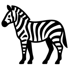Stylized black-and-white illustration of a zebra viewed from the side. The design features bold, graphic stripes characteristic of a zebra’s coat, a defined mane, and a tail curving slightly downward.