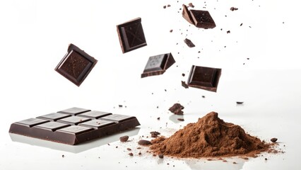 Dark chocolate pieces falling with cocoa powder on a white surface enhancing flavors of sweetness and deliciousness