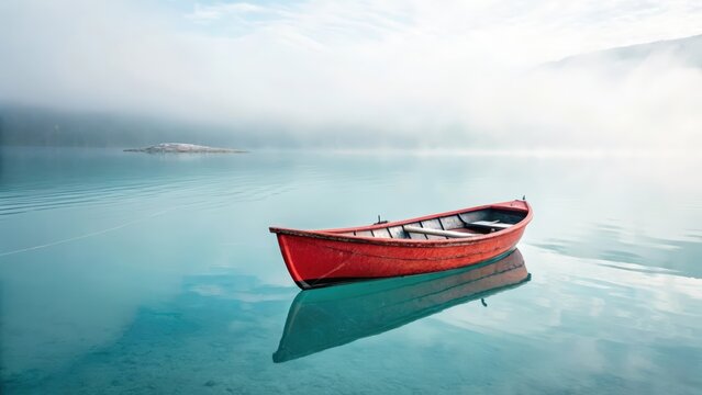 Tranquil lake scene with red boat and foggy mountain backdrop offering serene reflections and calm atmosphere