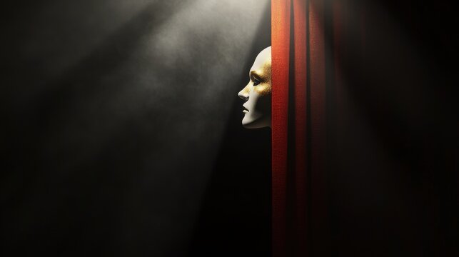 Theatrical Scene with a Spotlight Illuminating a Masked Face Emerging from Behind the Draped Curtain Amidst a Foggy Atmosphere