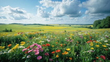 Vibrant field of wildflowers in bloom under bright blue sky with scattered clouds. Features diverse colorful blossoms including poppies, daisies, sunflowers. Expansive green fields, rolling hills