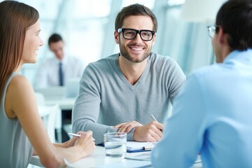 Obraz premium Smiling Man in Meeting with Colleagues at Conference Table