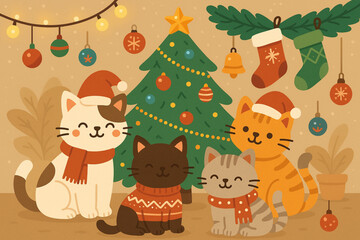 Obraz premium Cute Cartoon Cats in Christmas Outfits with Festive Decorations Vector
