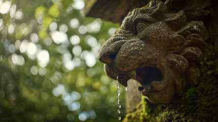 水道の石製噴水蛇口から滴る水滴と緑の風景