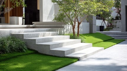 Modern home exterior with light gray concrete steps and landscaping