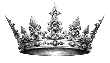 Detailed sketch of royal crown in vintage engraving style. Ornate black, white illustration features intricate decorative elements monarchy, power, nobility. Elegant, regal design with timeless