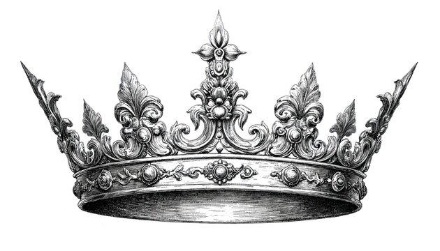 Detailed sketch of royal crown in vintage engraving style. Ornate black, white illustration features intricate decorative elements monarchy, power, nobility. Elegant, regal design with timeless