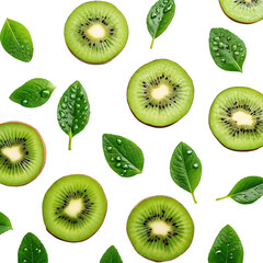 Fototapeta premium Freshly sliced ripe kiwi fruit halves and green leaves isolated on transparent background