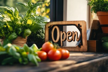 Charming small business welcome sign with fresh produce, highlighting open hours and inviting atmosphere