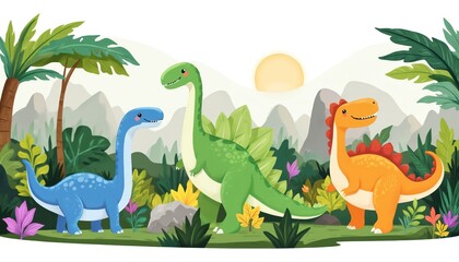 Naklejka premium Friendly cartoon dinosaurs explore rich prehistoric jungle filled with vibrant plants, ancient trees. Happy blue long-neck, green stegosaurus, orange dinosaur bask in warm sun among mountains,